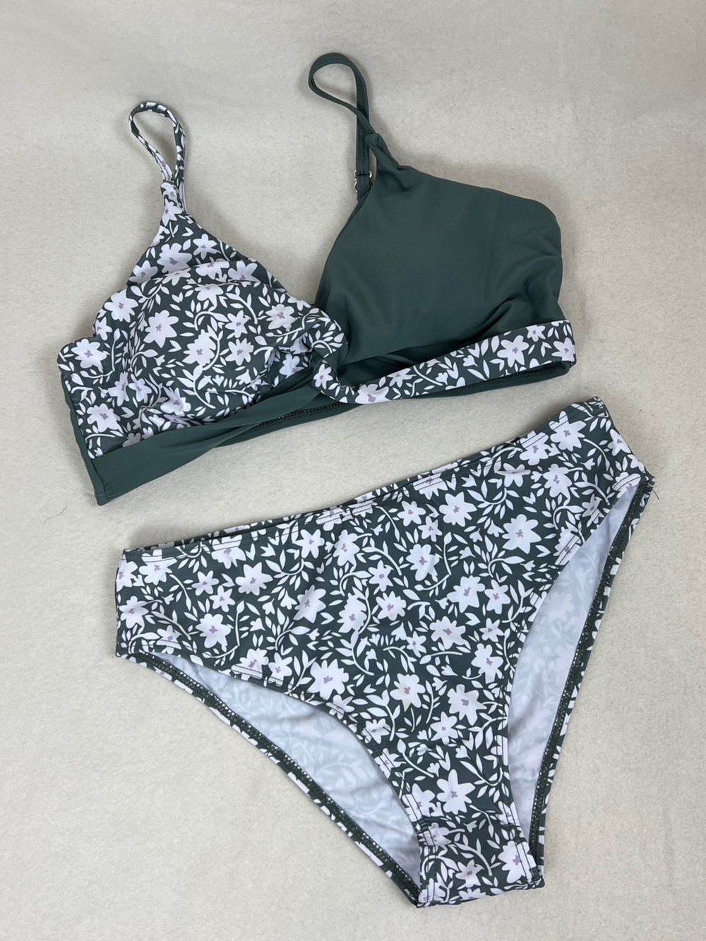 Girls 15-16Y Green Floral High Waisted Bikini Set 2 Piece Adjustable Straps